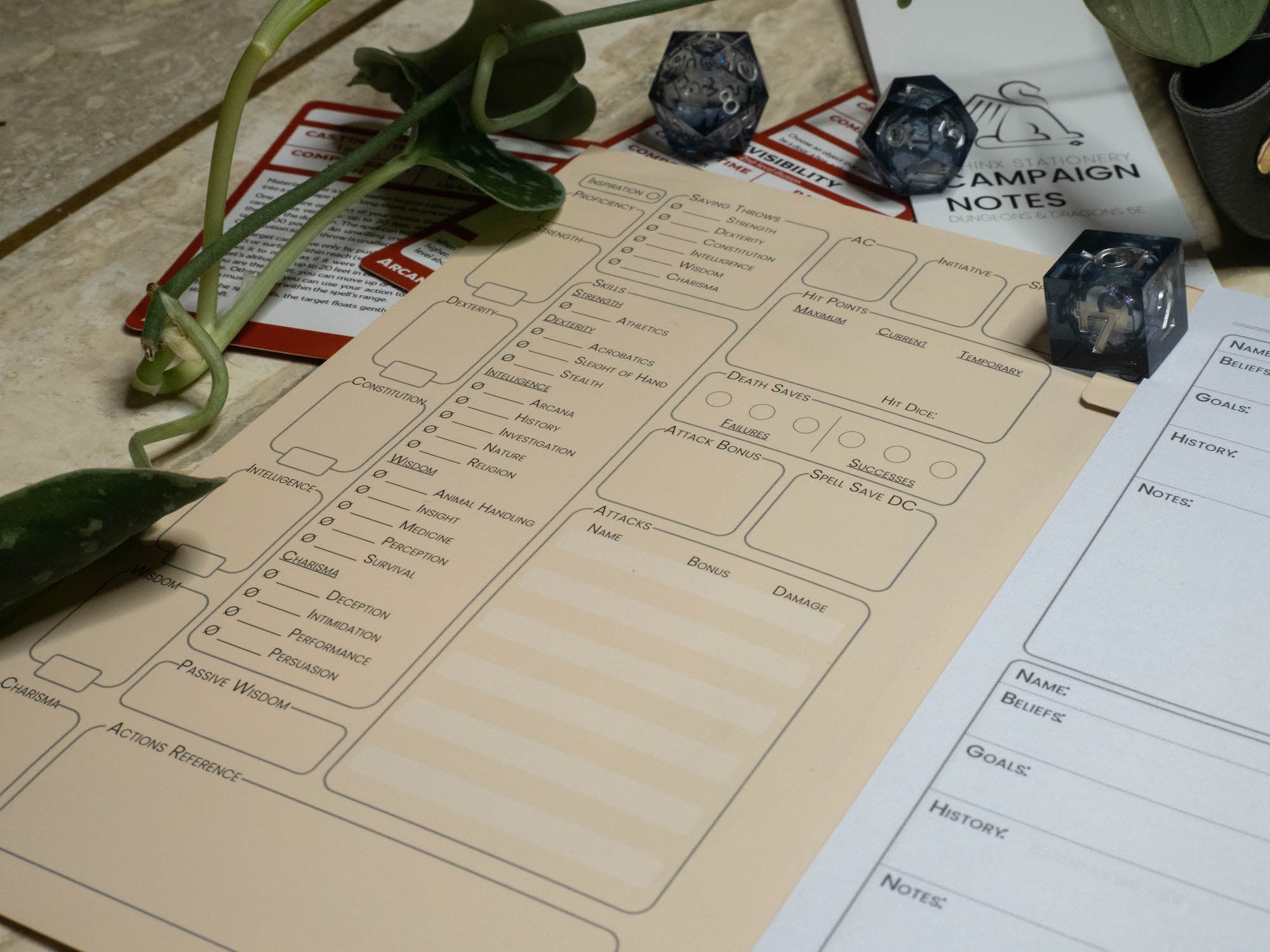 Close up of the frontside character sheet flip out of Campaign Notes, a DND5e Character Journal